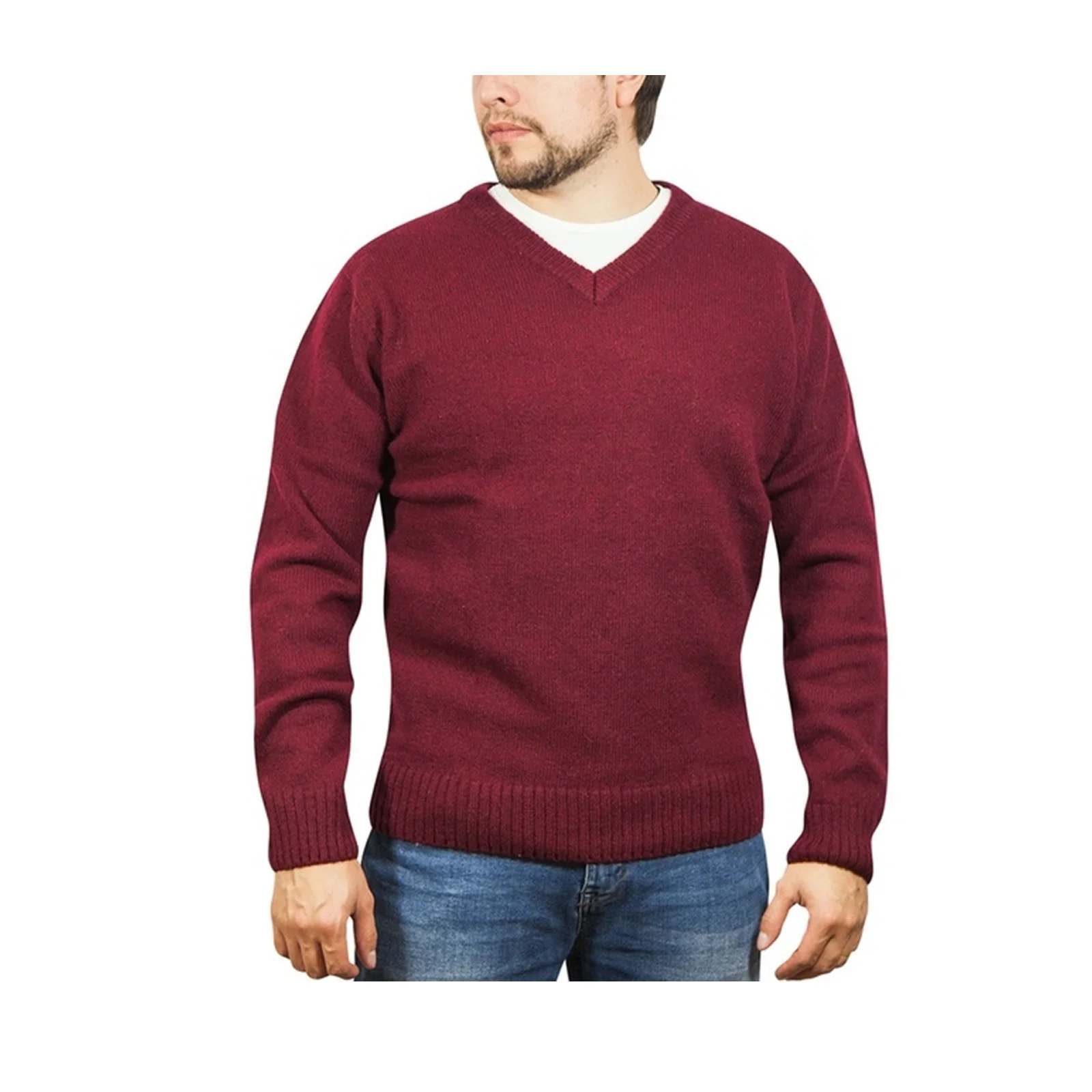 100% Shetland Ragg Wool V Neck Knit Jumper Pullover Mens Sweater Knitted - Burgundy - M