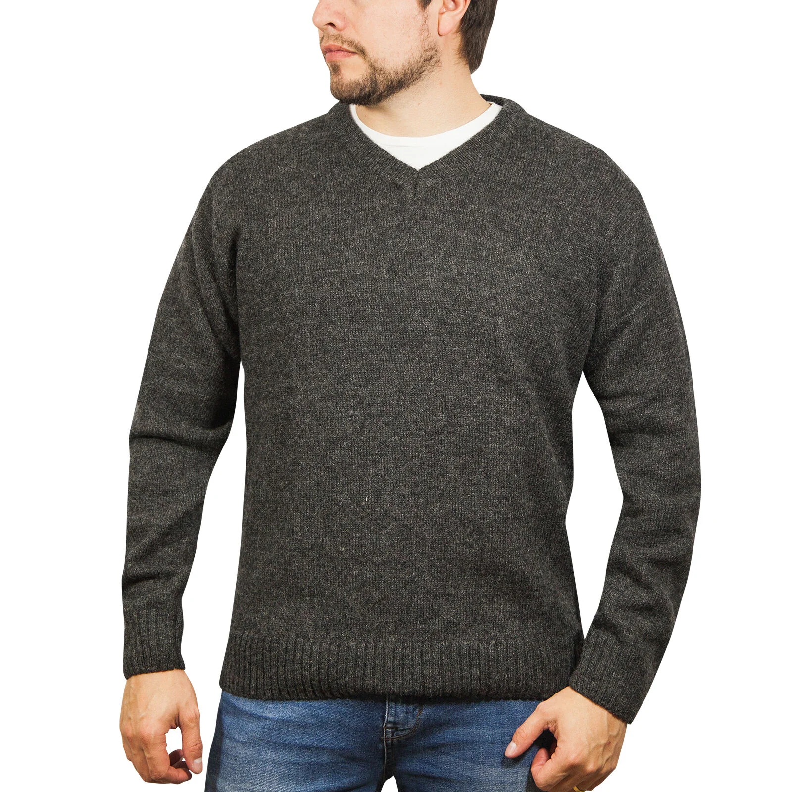 100% Shetland Ragg Wool V Neck Knit Jumper Pullover Mens Sweater Knitted - Charcoal - L