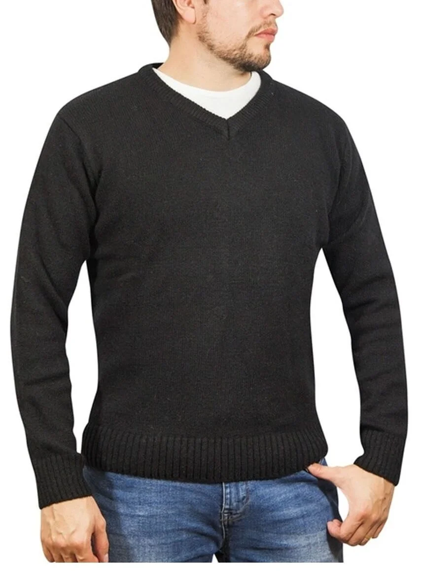100% Shetland Ragg Wool V Neck Knit Jumper Pullover Mens Sweater Knitted - Plain Black - 4XL