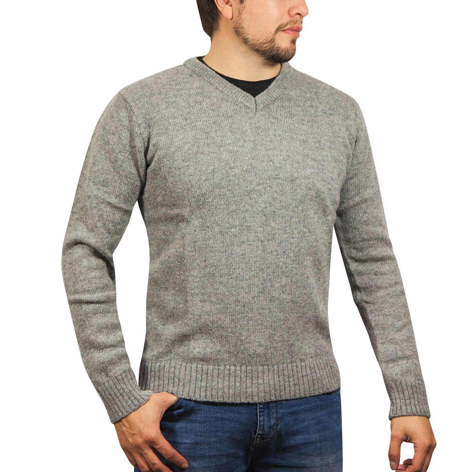 100% Shetland Ragg Wool V Neck Knit Jumper Pullover Mens Sweater Knitted - Grey - M