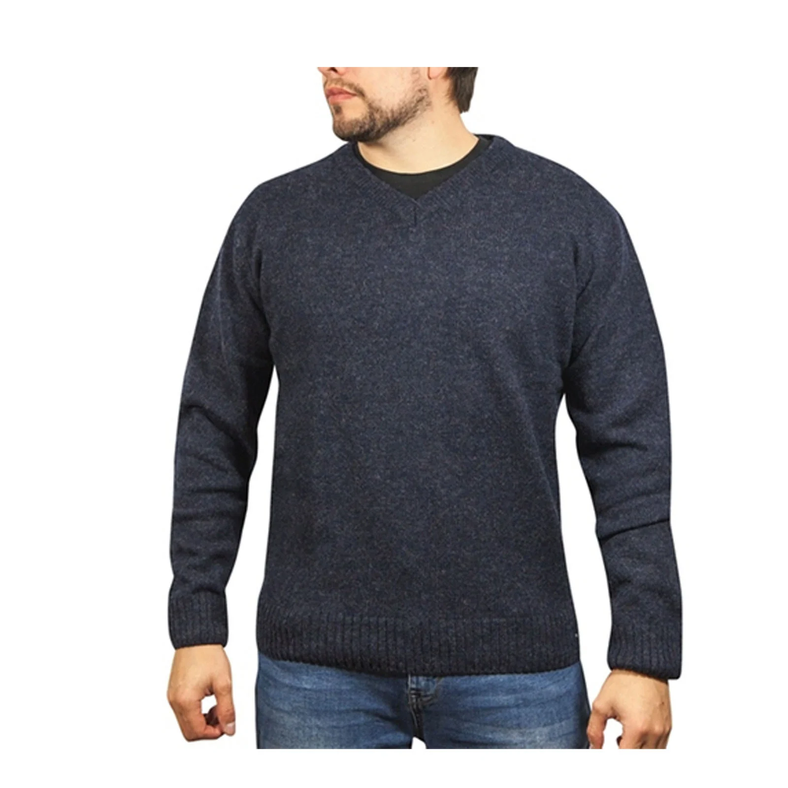 100% Shetland Ragg Wool V Neck Knit Jumper Pullover Mens Sweater Knitted - Navy - 4XL