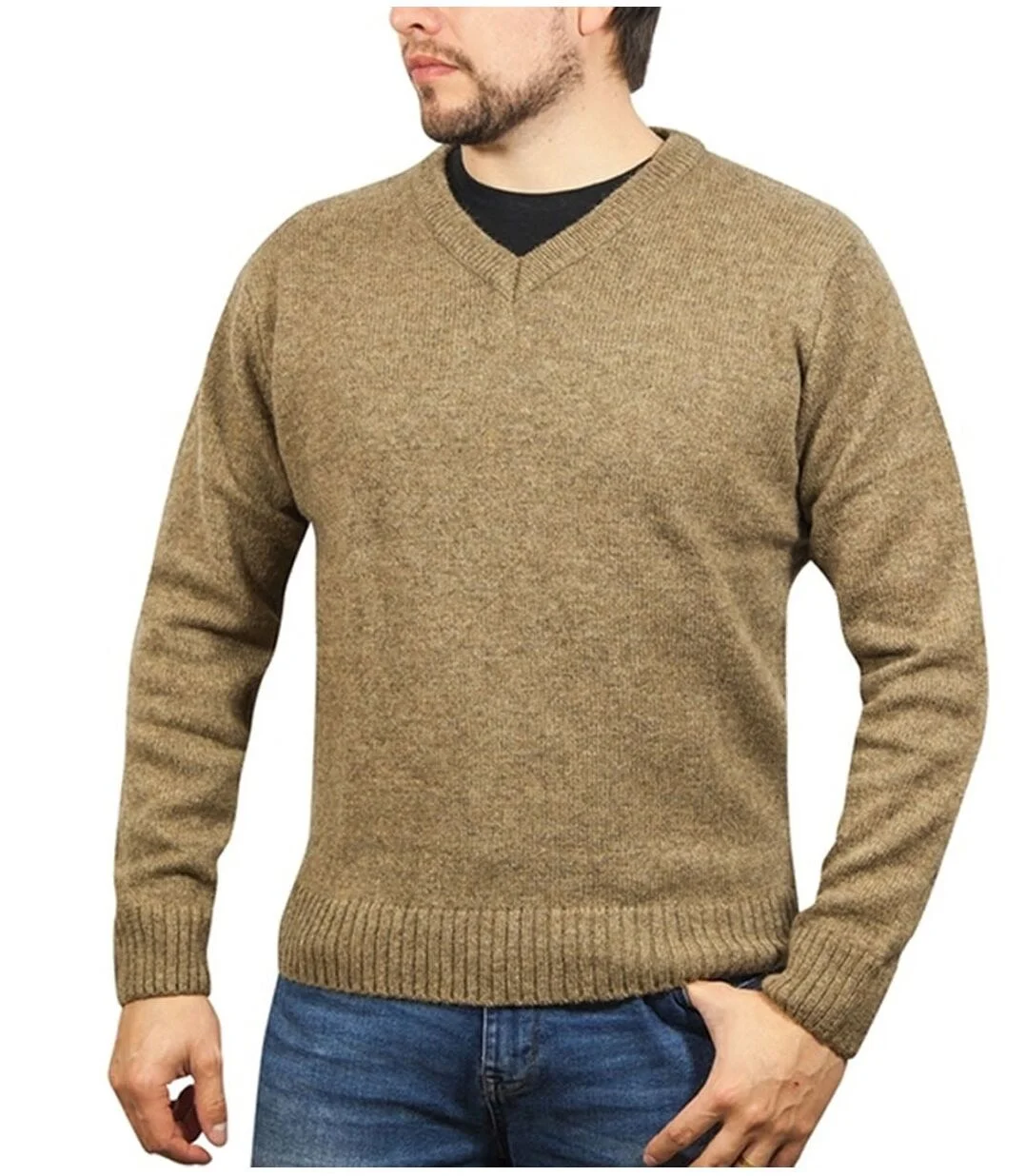 100% Shetland Ragg Wool V Neck Knit Jumper Pullover Mens Sweater Knitted - Nutmeg - 4XL