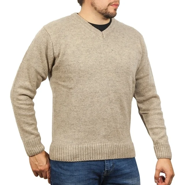 100% Shetland Ragg Wool V Neck Knit Jumper Pullover Mens Sweater Knitted - Oat Marle - 3XL