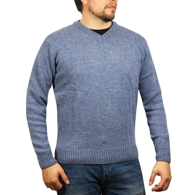 100% Shetland Ragg Wool V Neck Knit Jumper Pullover Mens Sweater Knitted - Sky - 3XL