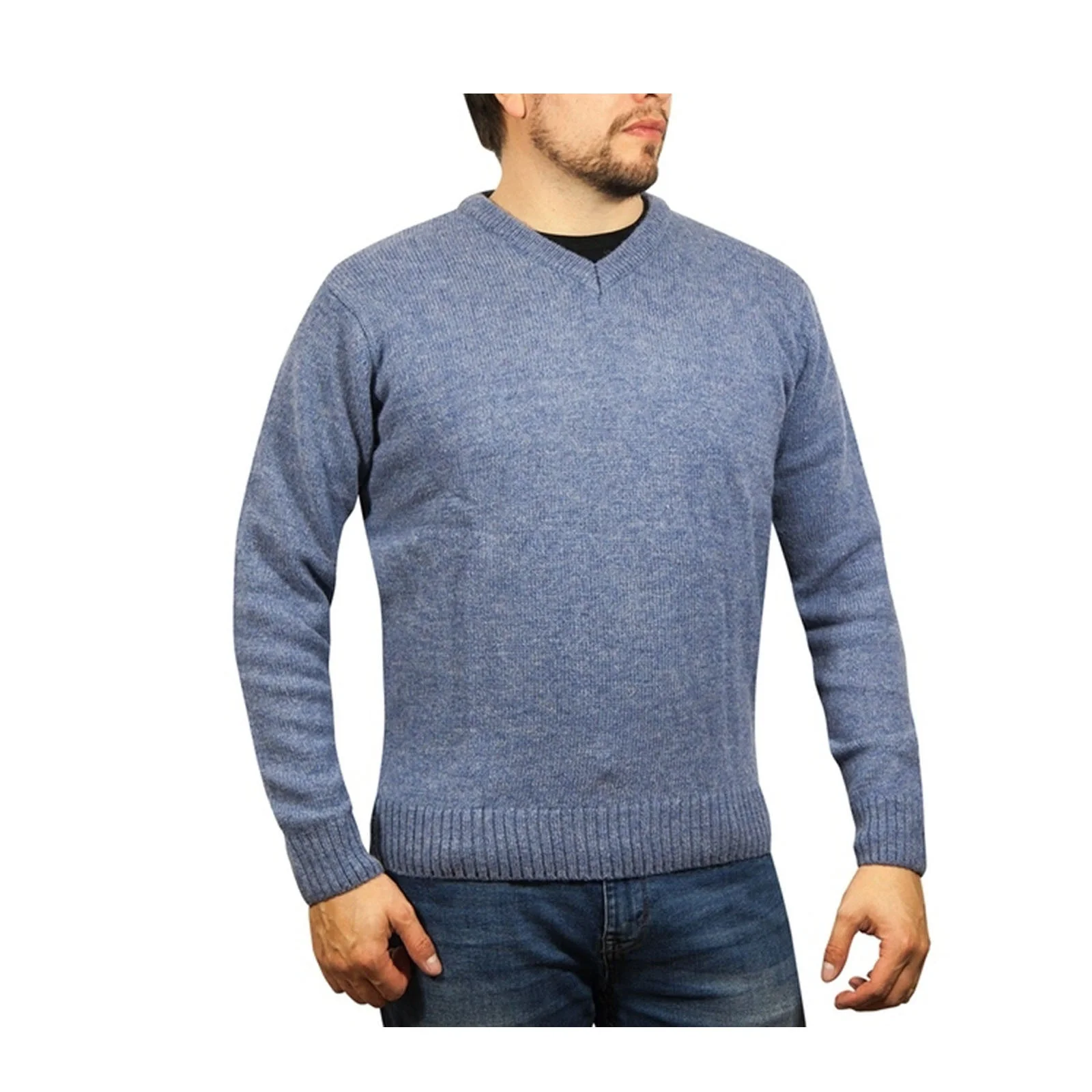 100% Shetland Ragg Wool V Neck Knit Jumper Pullover Mens Sweater Knitted - Sky - 5XL