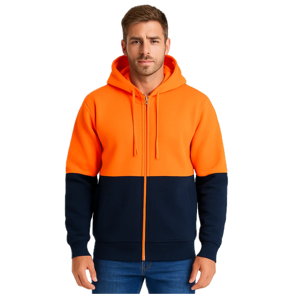 HI VIS Jumper Full Zip Hoodie Safety Workwear Fleecy Fleece Jacket Hooded in Orange/Navy - 2XL
