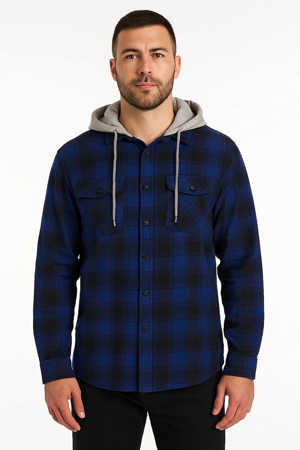 Mens Cotton Flannelette Shirt w Jersey Hood Long Sleeve Flannel - Royal Blue - S