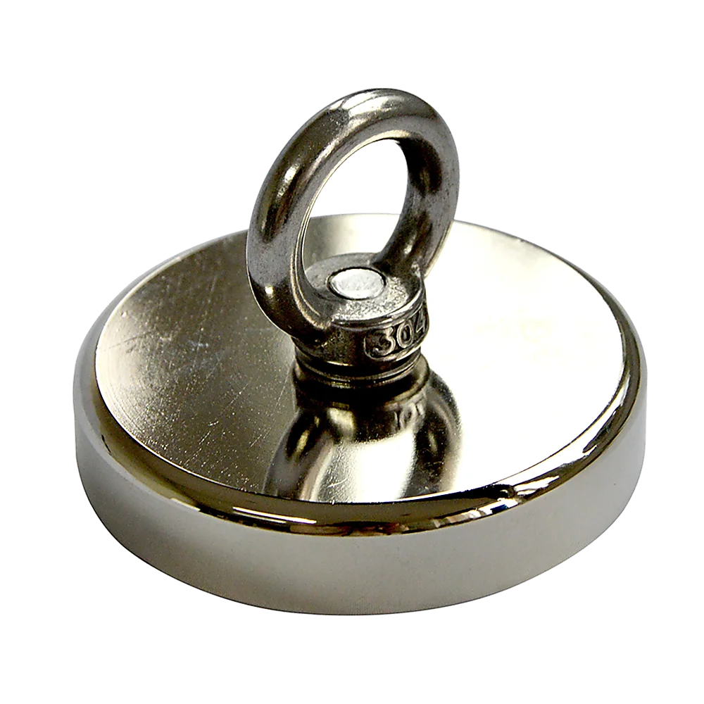 Round Neodymium Fishing Magnet with Countersunk Hole and Eyebolt, 500 LBS pull