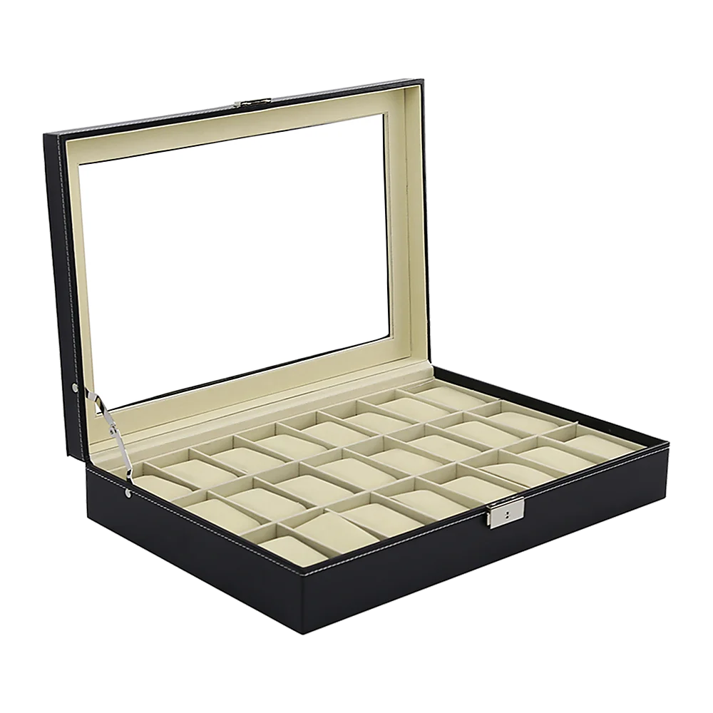 Watch Box - 24 Slot Luxury Display Case With Framed Glass Lid