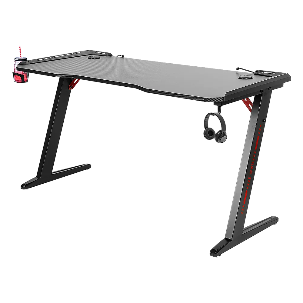 LED Gaming Desk Computer Table with Cup Holder Headphone Hook Cable Hole