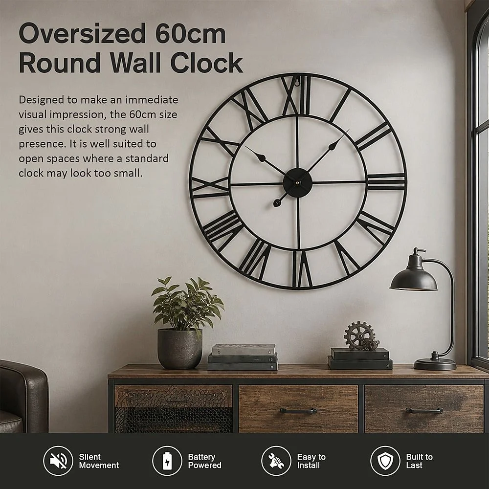 60cm Industrial Large Wall Clock, Round Metal Wall Clocks Roman Numerals Style thumbnail 7