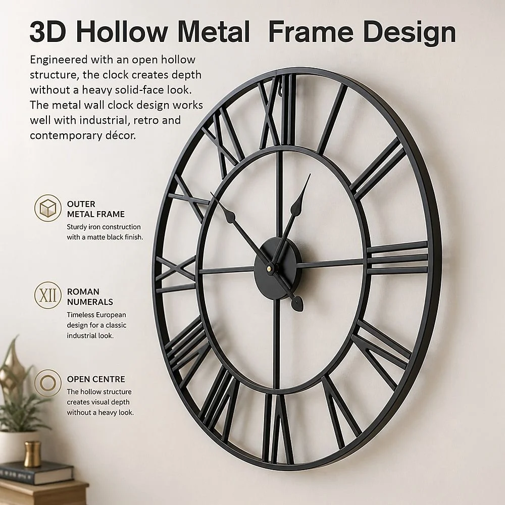 60cm Industrial Large Wall Clock, Round Metal Wall Clocks Roman Numerals Style thumbnail 9