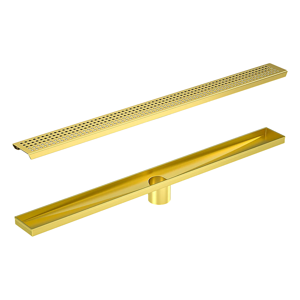 1200mm Bathroom Shower Brushed Brass Grate Drain w/ Centre outlet Floor Waste Square Pattern