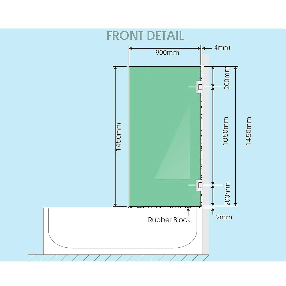 90cm Frameless Swing Bath Screen – White Hardware with Stainless steel hinge for Modern Bathrooms