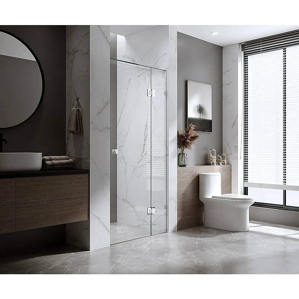 120cm Wall to Wall Frameless Shower Screen with Gold Brackets and Brass Hinges, Round Knob Handle
