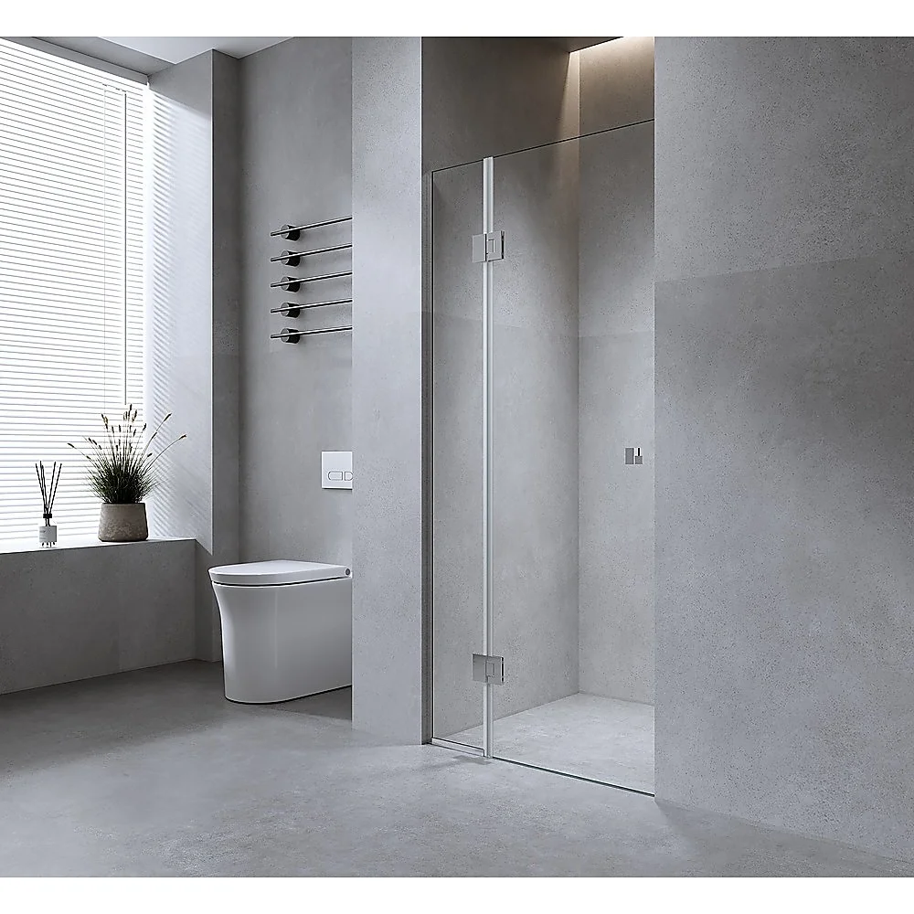 110cm Wall to Wall Frameless Shower Screen – Chrome Wall & Floor Channel, SS Hinges & Square Double Pull Handle
