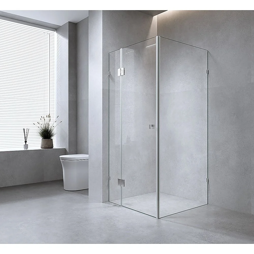 110x70cm Corner Frameless Shower Screen with Gold Brackets and Brass Hinges, Square Knob Handle