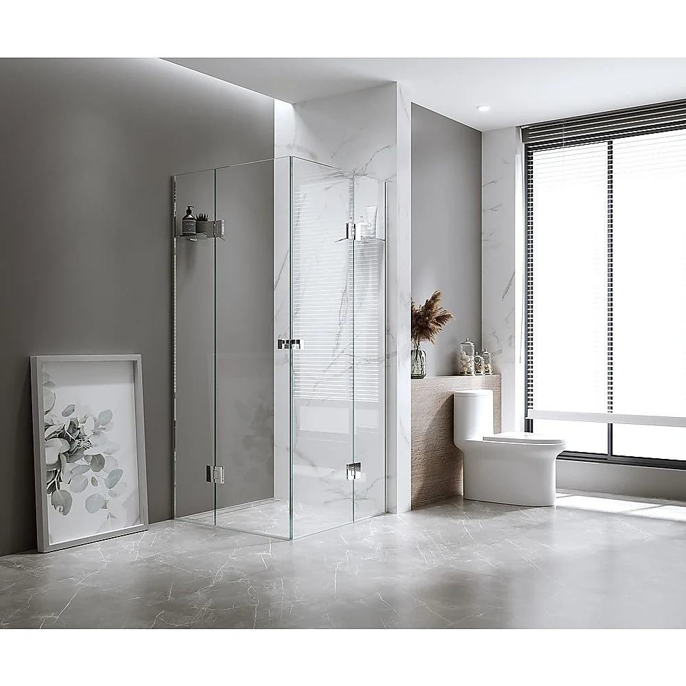 90x110cm Double Door Corner Shower Screen with Channels and Brass Hinges - Nickel