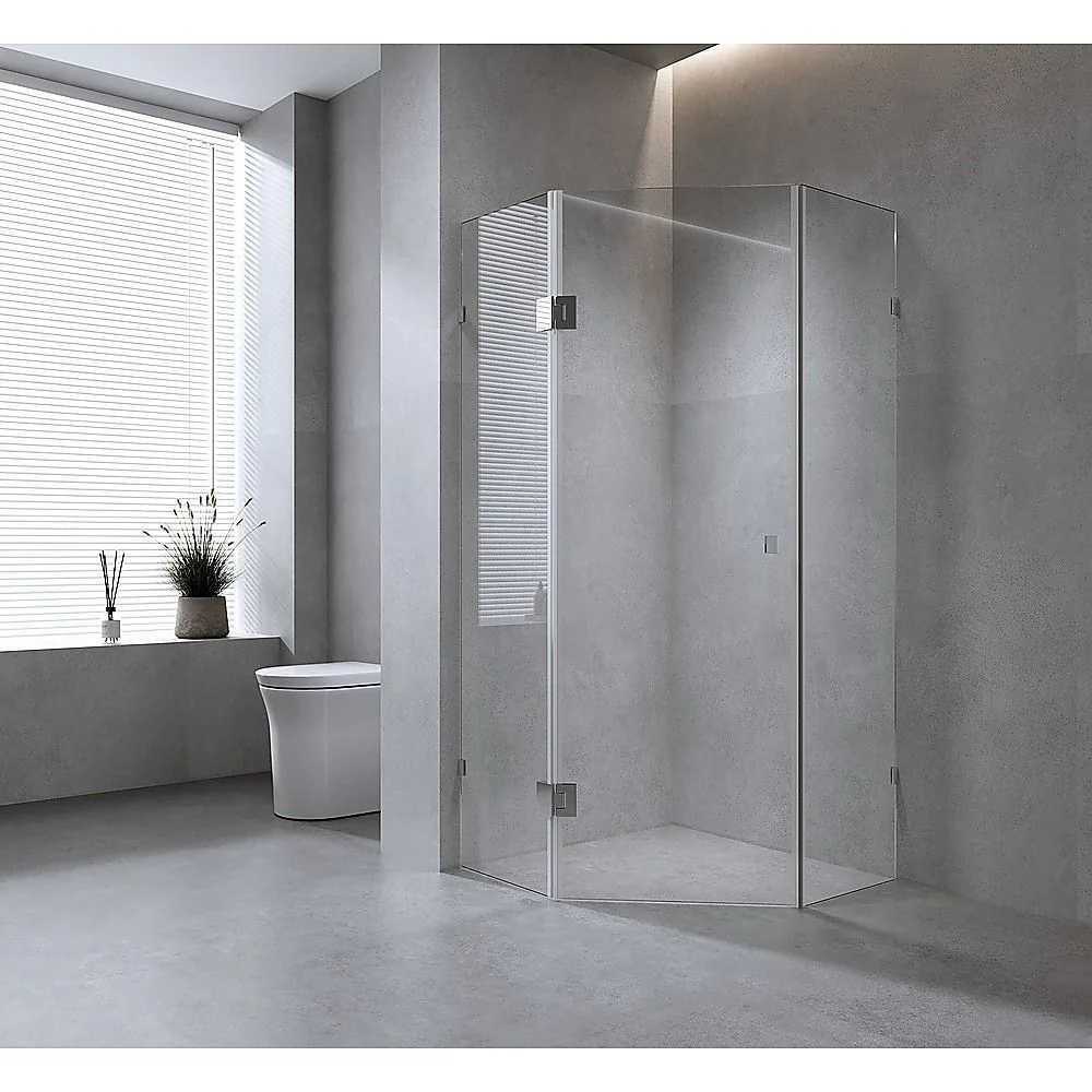 100cm Frameless Diamond Shower Screen with Gold Brackets and Brass Hinges, Round Knob Handle