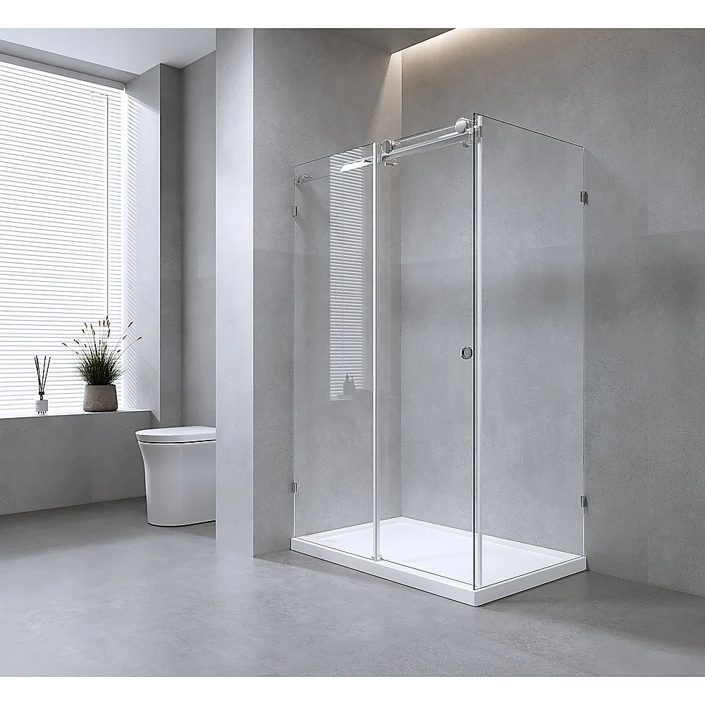 160x90cm Frameless Glass Sliding Corner Shower – With Chrome Rail and U-brackets for Contemporary Bathrooms