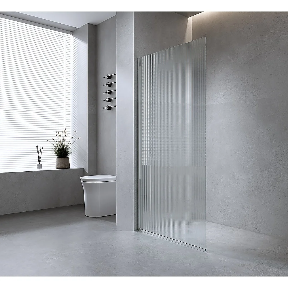 120cm Reeded Glass Shower Screen with Chrome Wall Channel & Round Pole