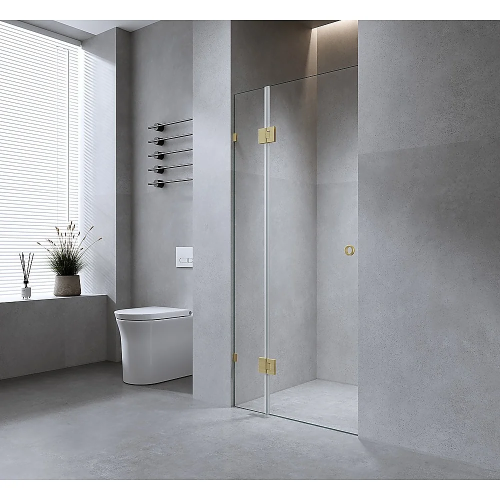 100cm Wall-to-Wall Frameless Shower Screen with Gold Brackets, SS Hinges & Wall & Floor U Brackets
