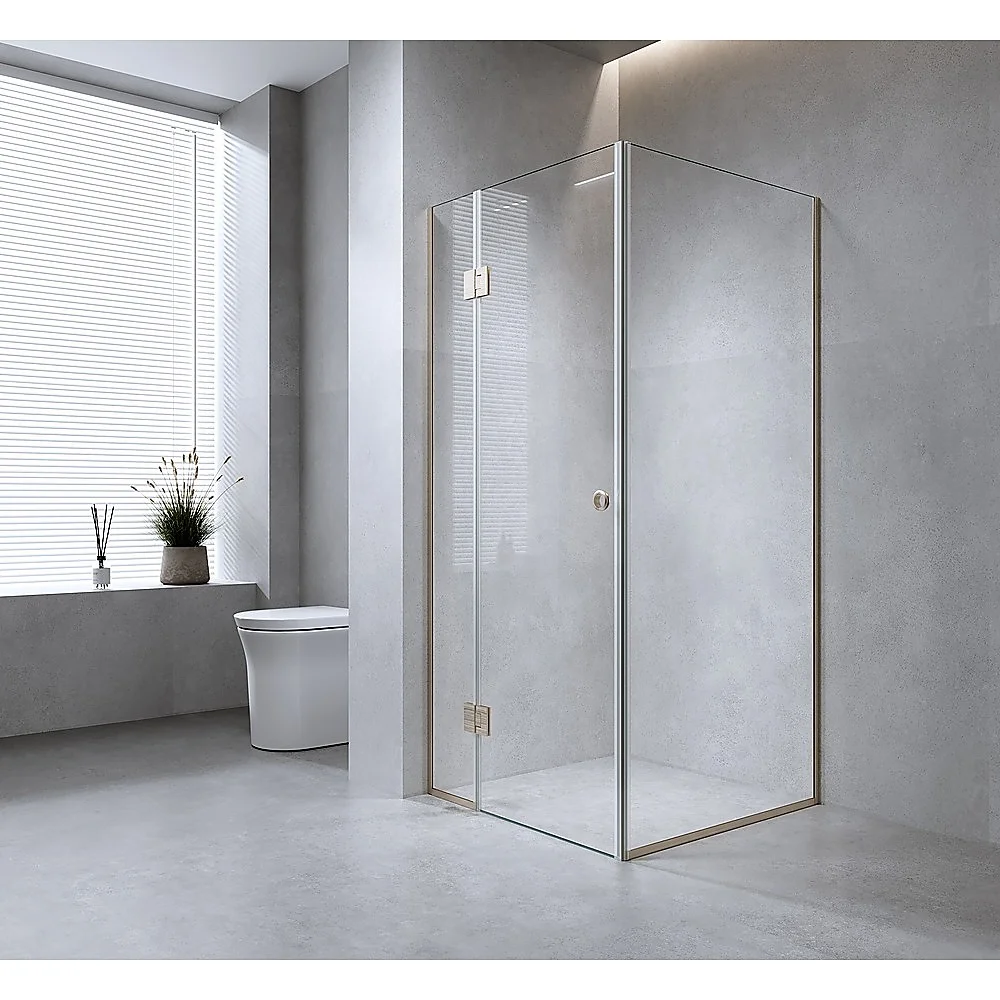 120x90cm Corner Frameless Shower Screen – White Wall & Floor Channel with Brass Hinges for Elegant Bathrooms