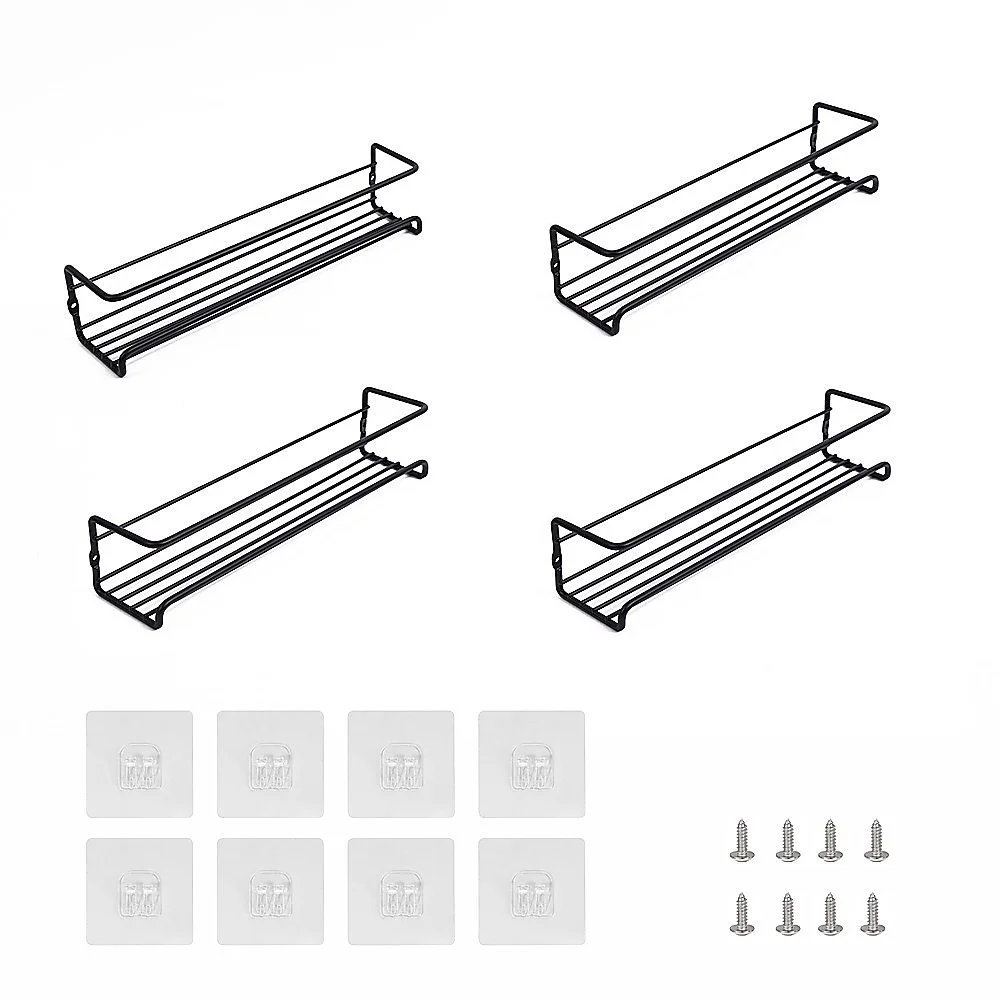 4pc Black Iron Wall Spice Rack – Kitchen Storage Shelf Set