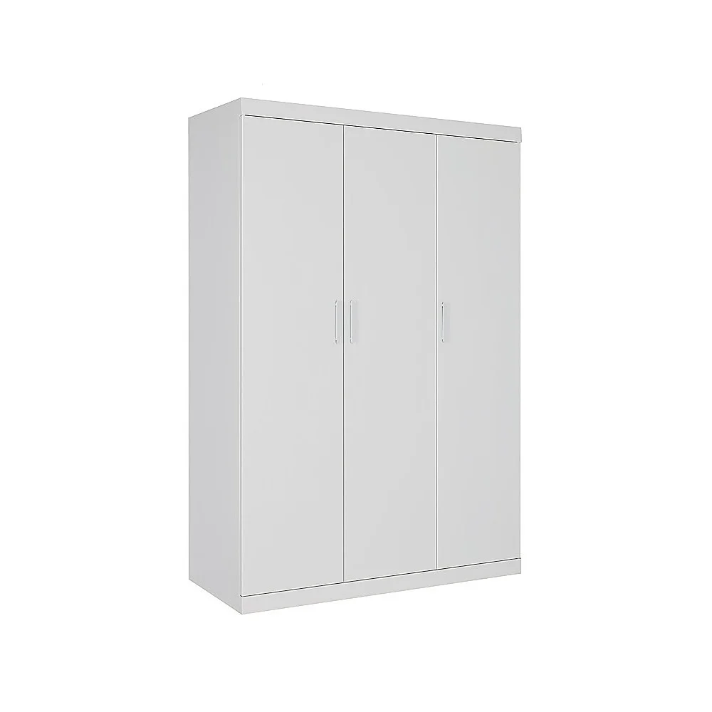 3 Door White Wardrobe – White Handles, Hanging Rail & Shelves