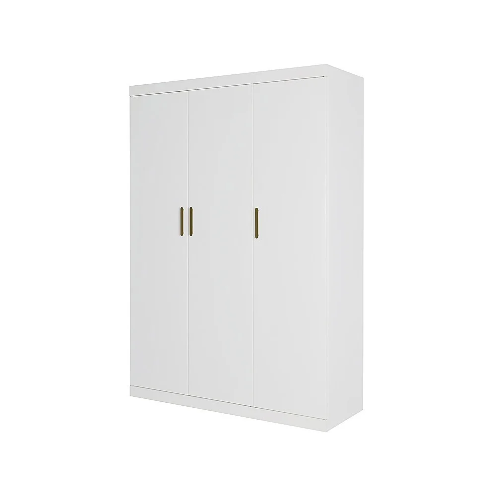3 Door White Wardrobe – Gold Handles, Hanging Rail & Shelves