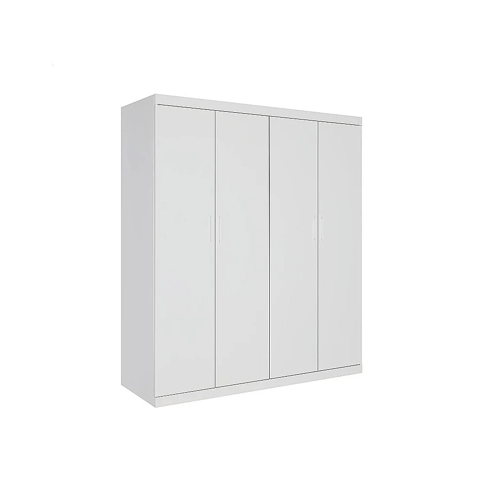 4 Door White Wardrobe Cabinet – Hanging Rail, Shelves & White Handles