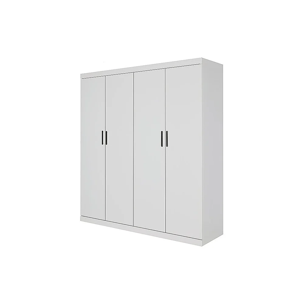4 Door White Wardrobe Cabinet – Hanging Rail, Shelves & Black Handles