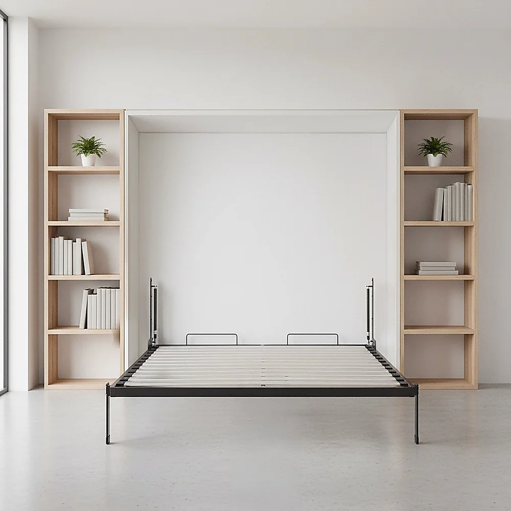 Queen Wall Bed in White Gloss – Space Saving Murphy Bed Kit with Gold Door Handle