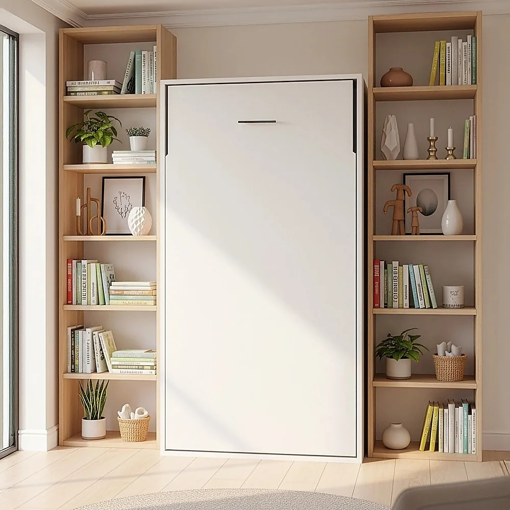 Single Wall Bed in White Gloss – Space Saving Murphy Bed Kit with Silver Door Handle