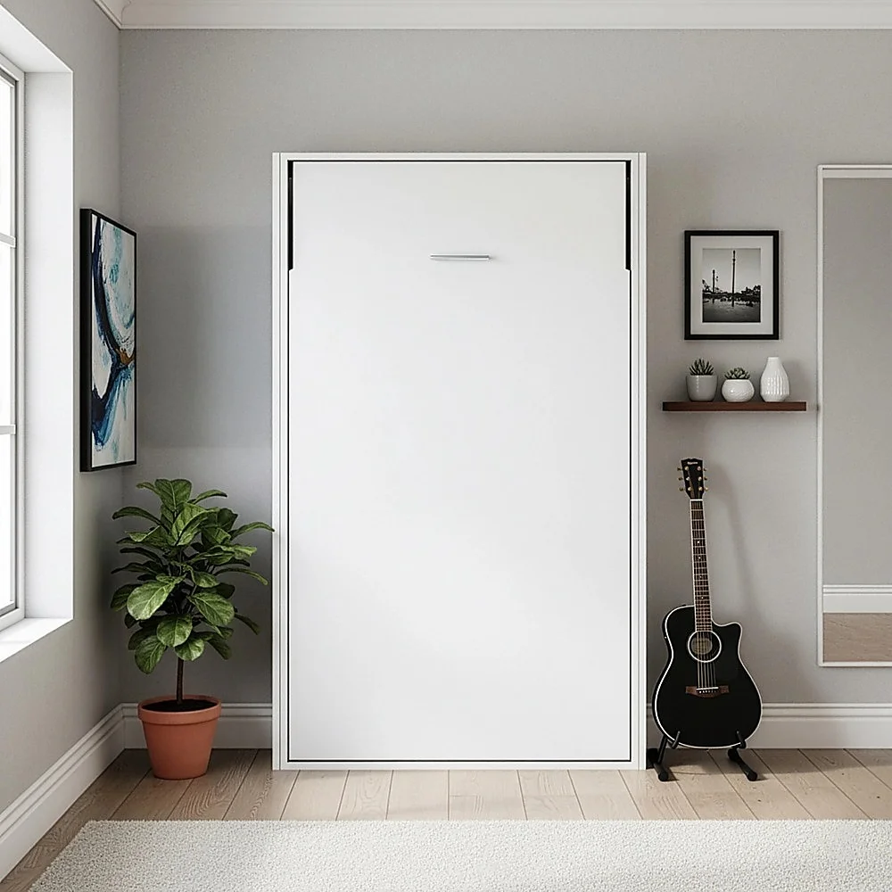 King-single Wall Bed in White Gloss – Space Saving Murphy Bed Kit with Black Door Handle