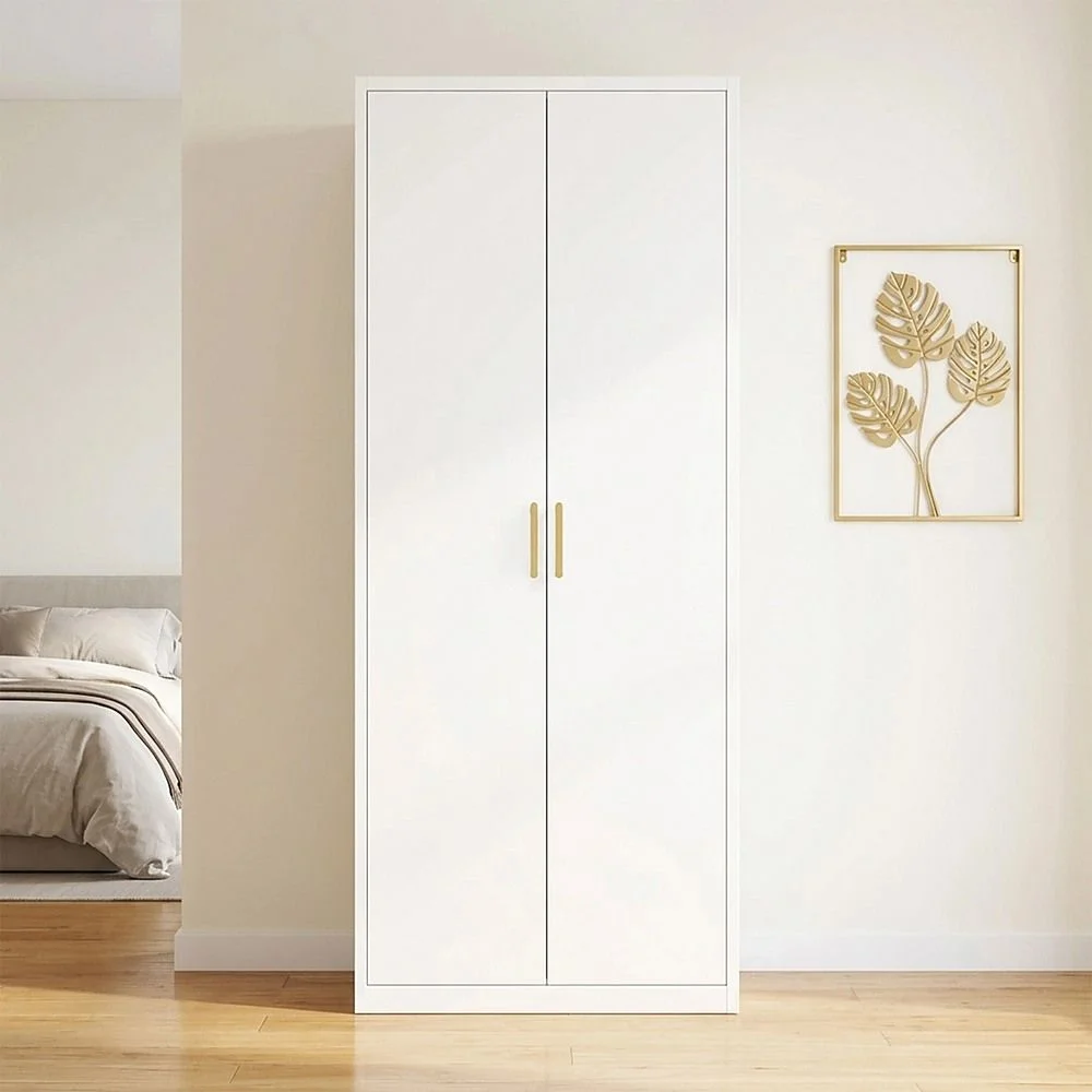 80x200cm 2-Door White Steel Hanging Wardrobe with Gold Handle Storage Cabinet