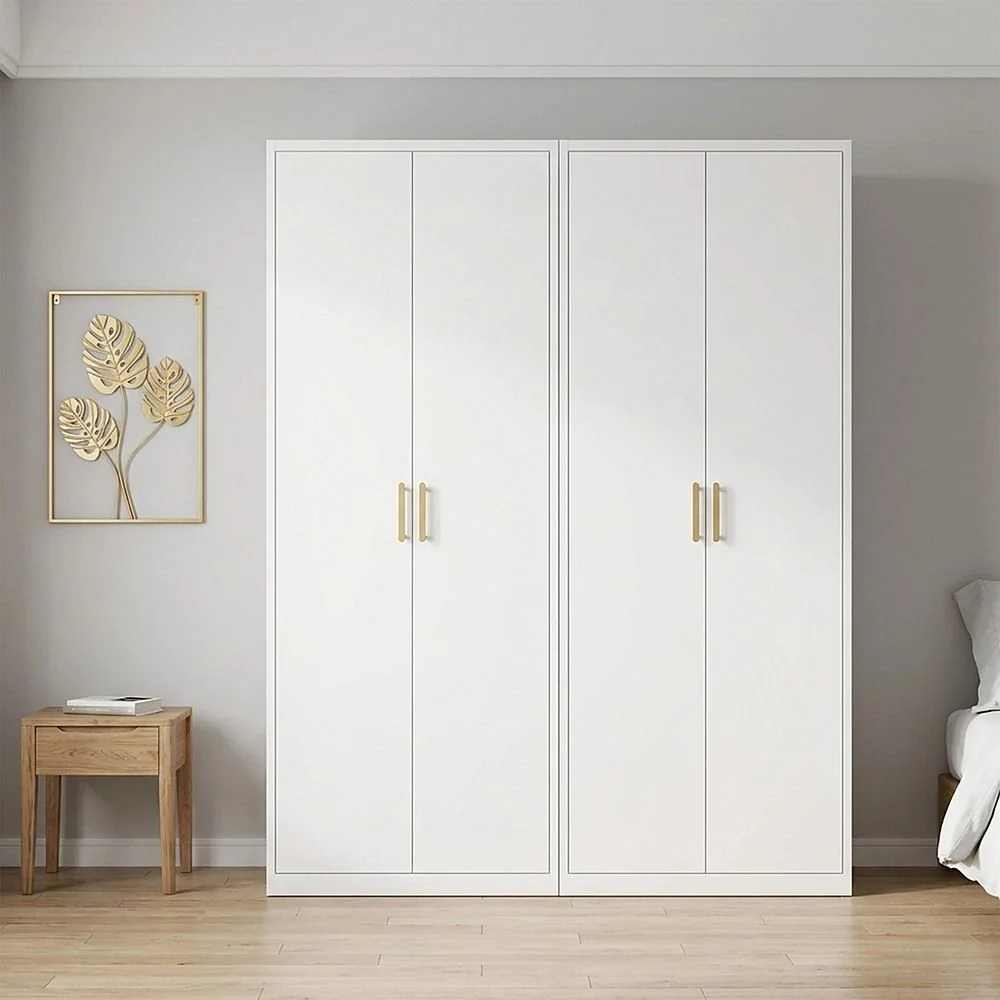 160x200cm 4-Door White Steel Hanging Wardrobe with Gold Handle Storage Cabinet