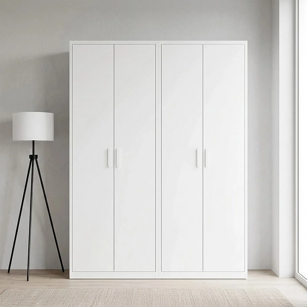 160x200cm 4-Door White Steel Hanging Wardrobe with White Handle Storage Cabinet