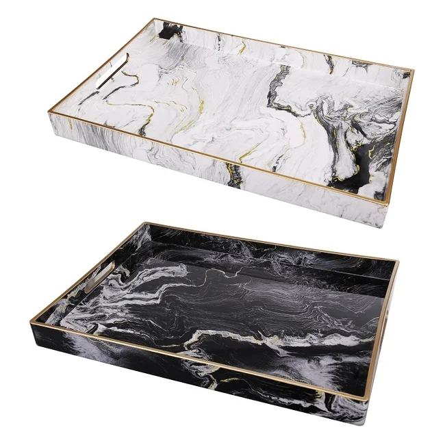 Set 2 Marble Patterned Rectangular Trays 48cm
