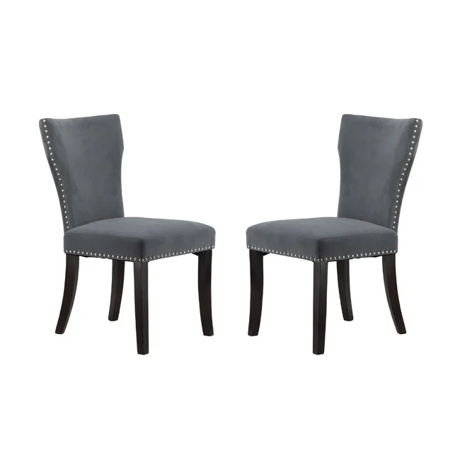Set 2 Studded Grey Velvet Look Armless Dining Chairs 94cm