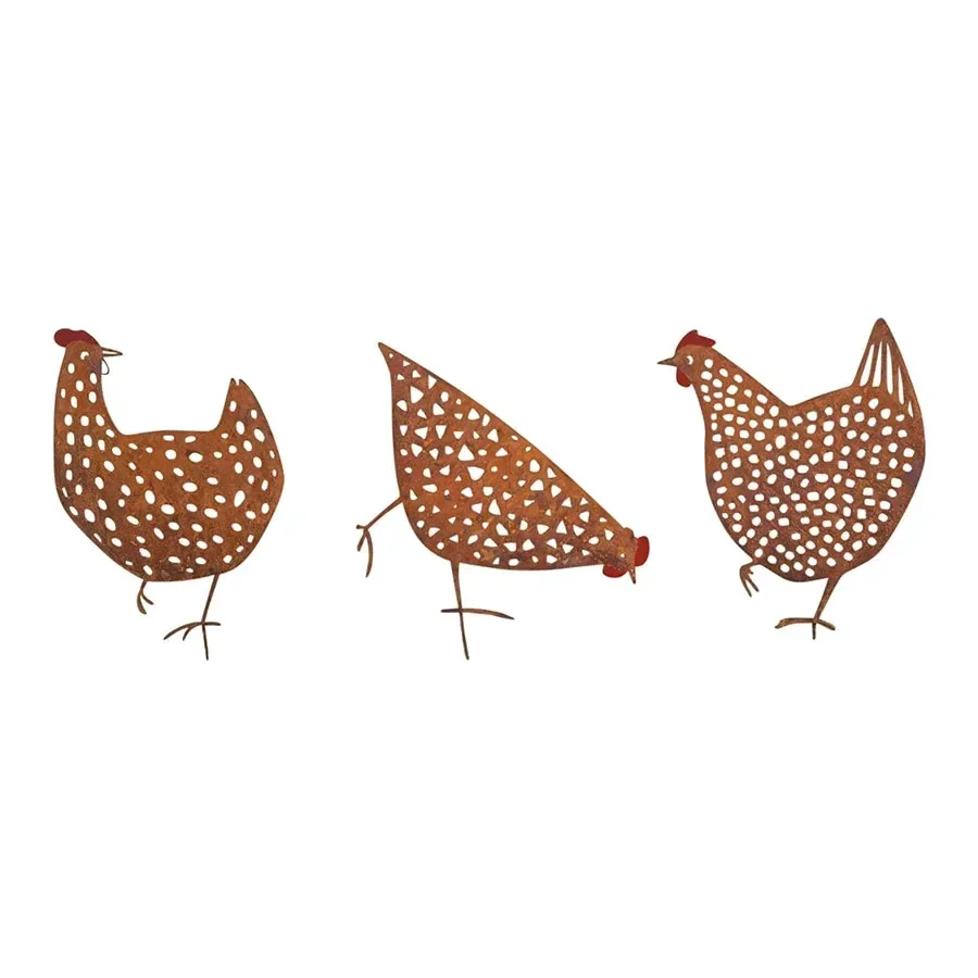 eWholesale Set of 3 Rust Chook Family Garden Stakes 35cm