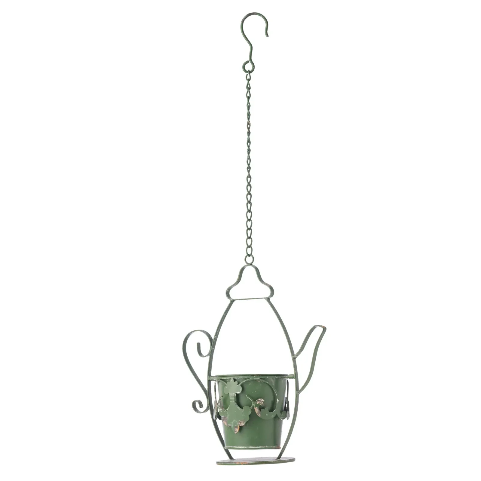 eWholesale Hanging Teapot Planter with Chain, Distressed Green, 27.5 x 12.5 x 34.7 cm