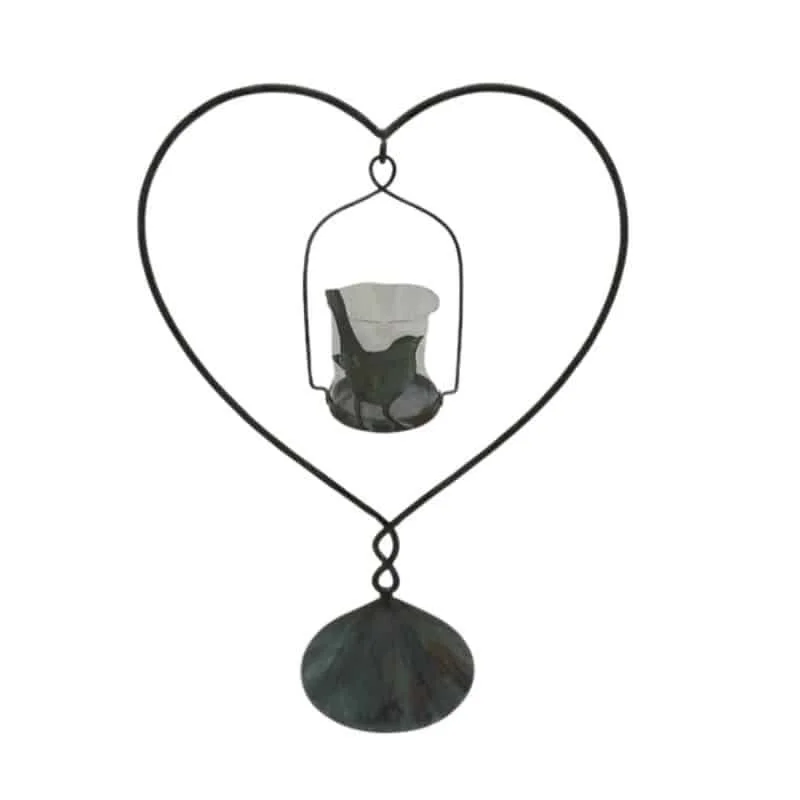 Heart on Base with Floating Candle 45cm Distressed Green Metal