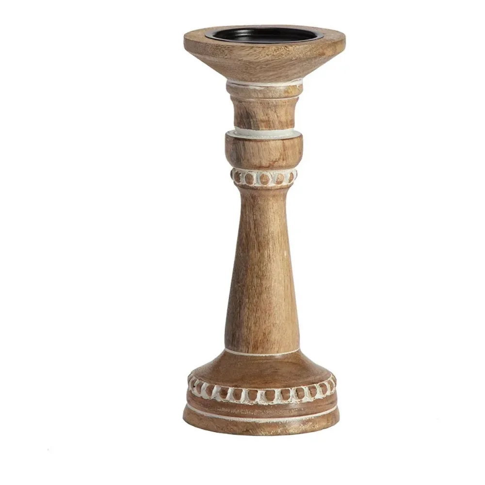 eWholesale Carved Mango Wood Pillar Candle Holder 30cm Natural Whitewash