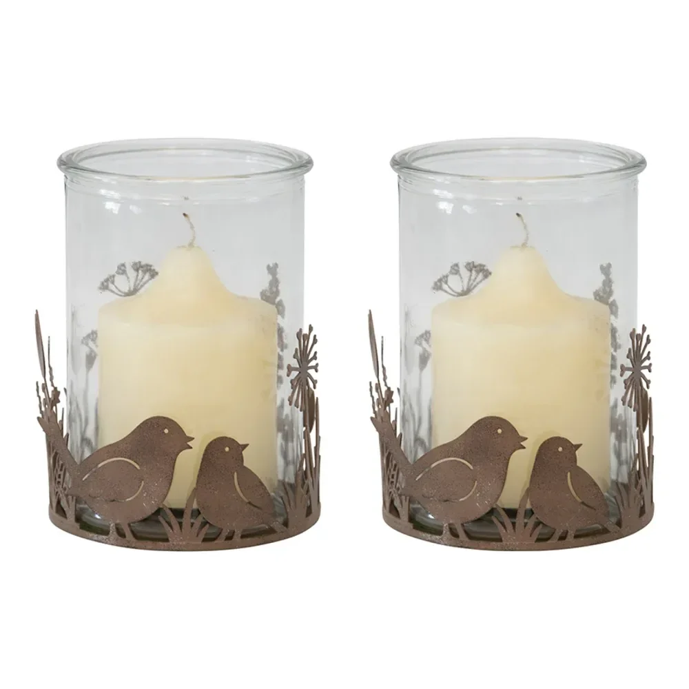 eWholesale Set of 2 Glass Candle Holders with Bird Detail in Rust Brown Base, 10cm