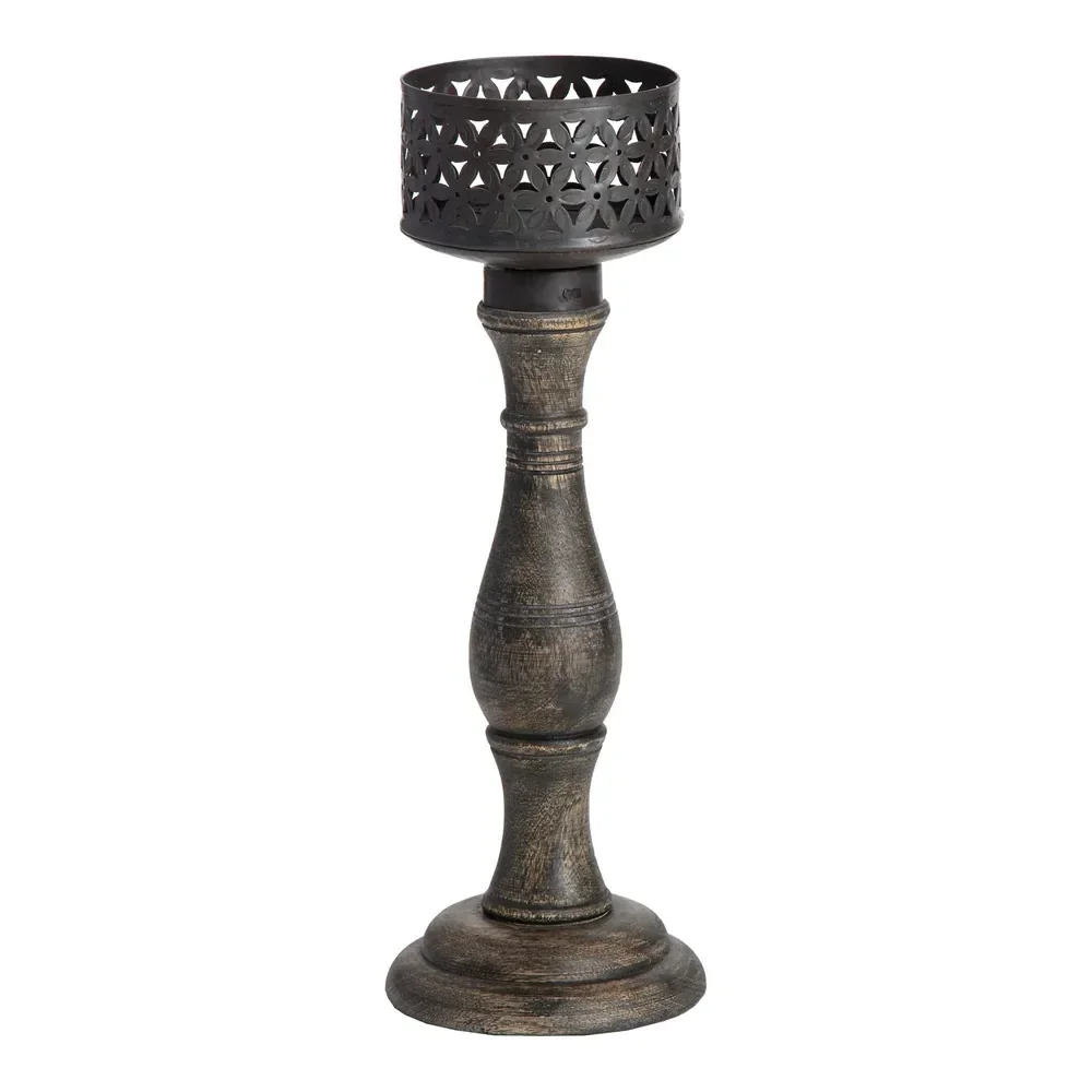 Ornate Baroque Iron & Mango Wood Pillar Candle Holder 35cm