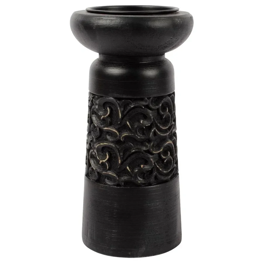 Nero Carved Pine Wood Pillar Candle Holder 23cm