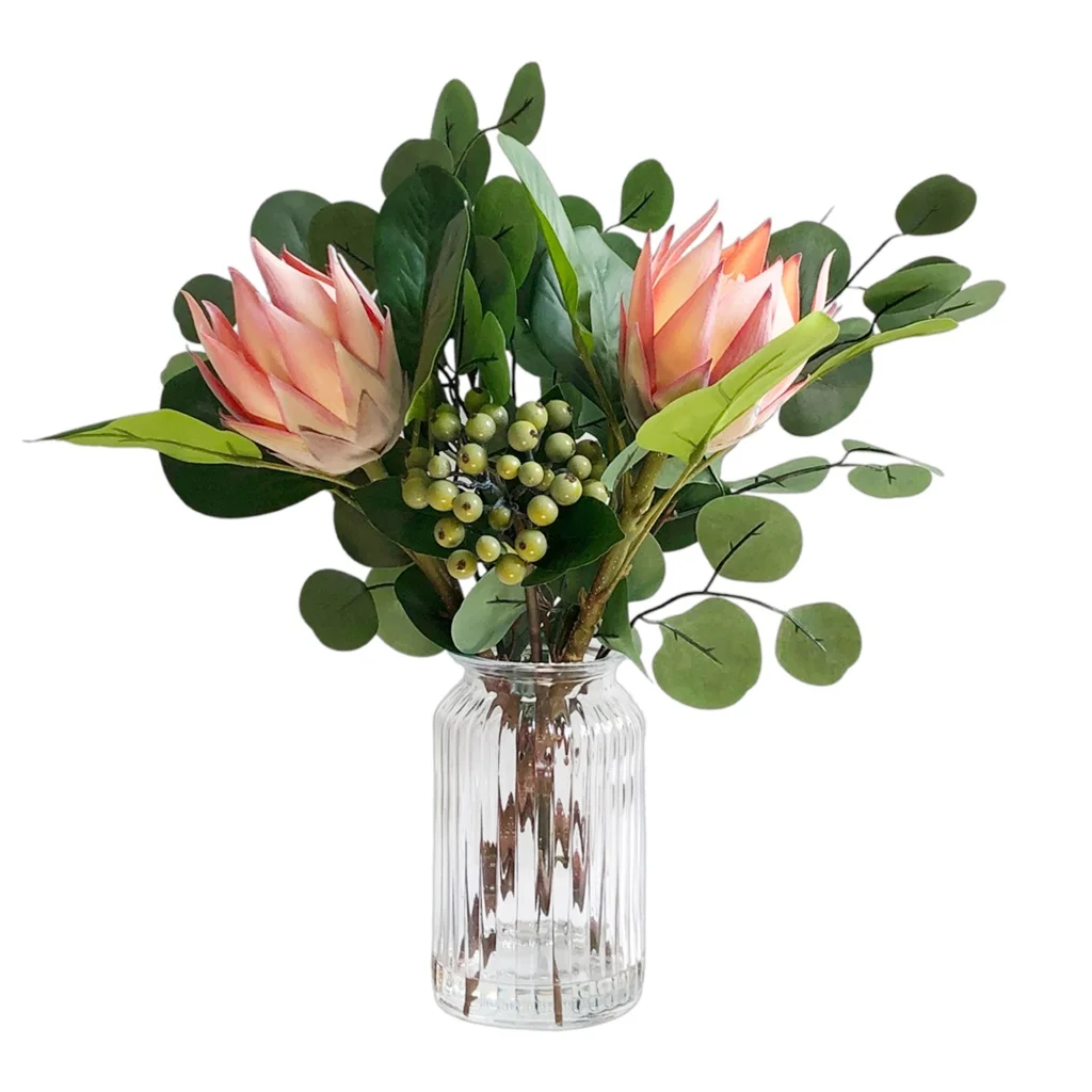 Artificial Protea in Glass Vase 46cm