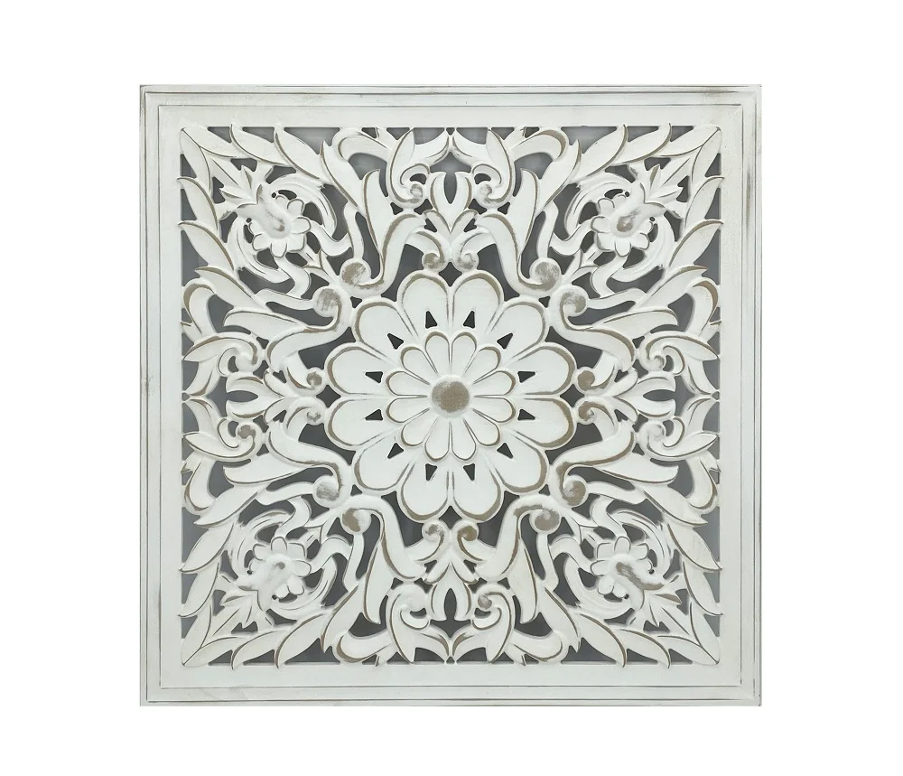 Carved Square Wall Art Antique White 60cm