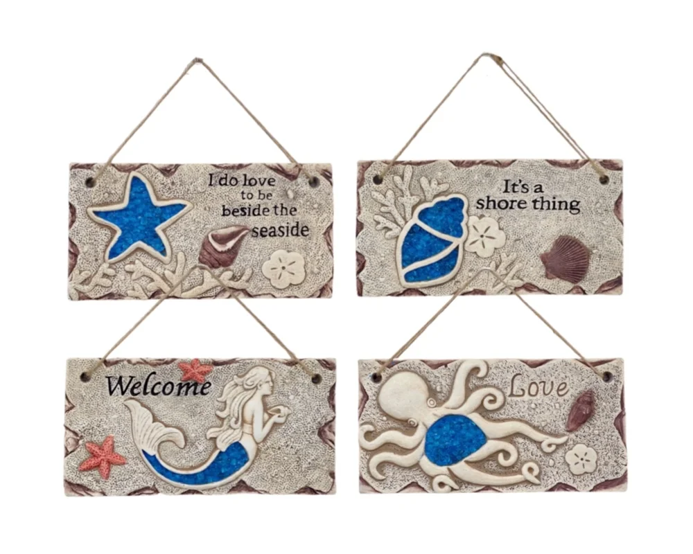 Set 4 Seaside Cement Hanging Plaques Assorted 20cm